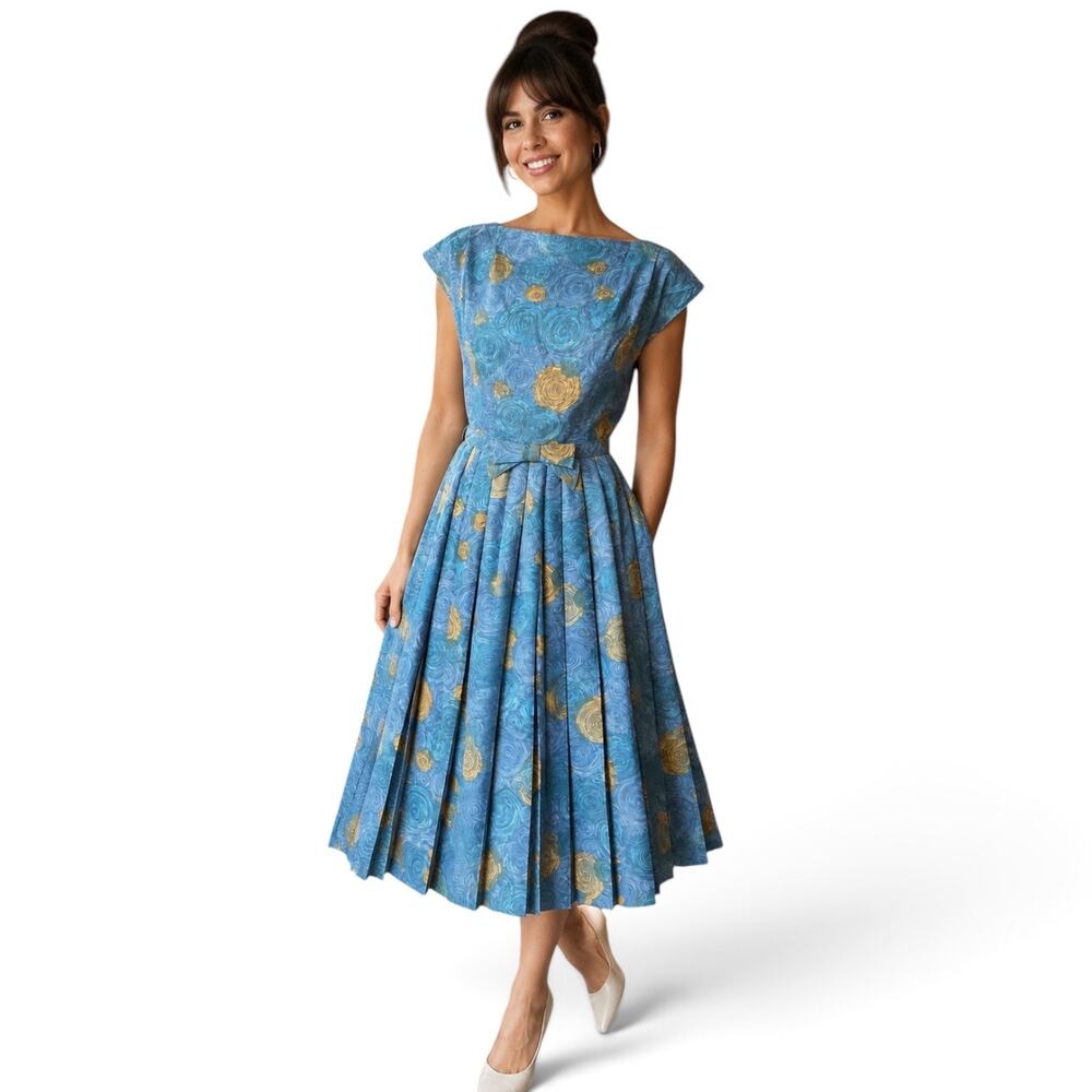 Vintage 1950s By Wilshire Of Boston Blue & Gold Swirl Fit & Flare Dress Size Med